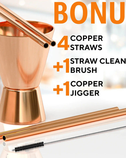 Moscow Mule Copper Mugs - Set of 4 - 100% HANDCRAFTED - Food Safe Pure Solid Copper Mugs - 16 oz Gift Set with BONUS: Highest Quality Cocktail Copper