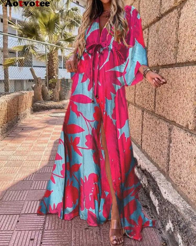 V-Neck Slit Leg Lace Dress