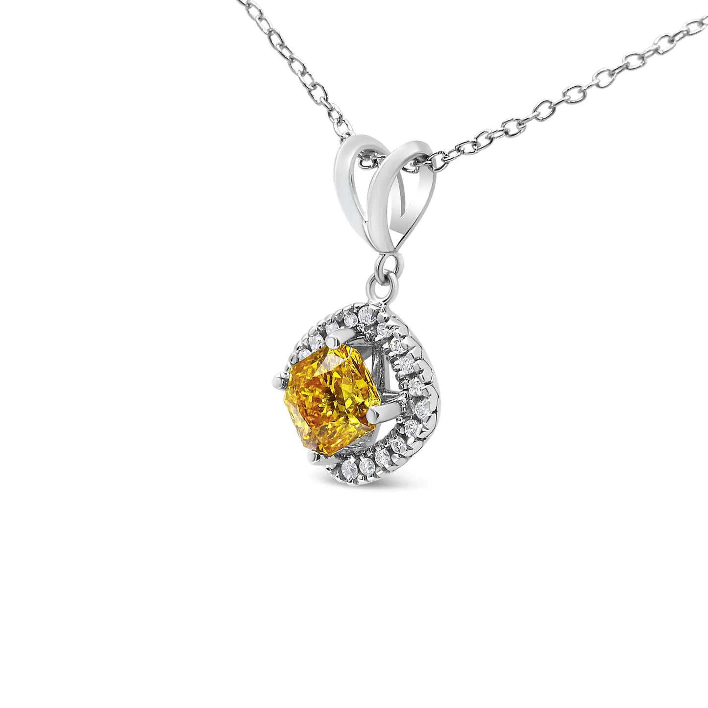 14K White Gold 1 1/5 Cttw Yellow Radiant Lab Grown Diamond Floating Halo Rhombus Shaped 18" Pendant Necklace (Yellow/G-H Color, VS1-VS2 Clarity)