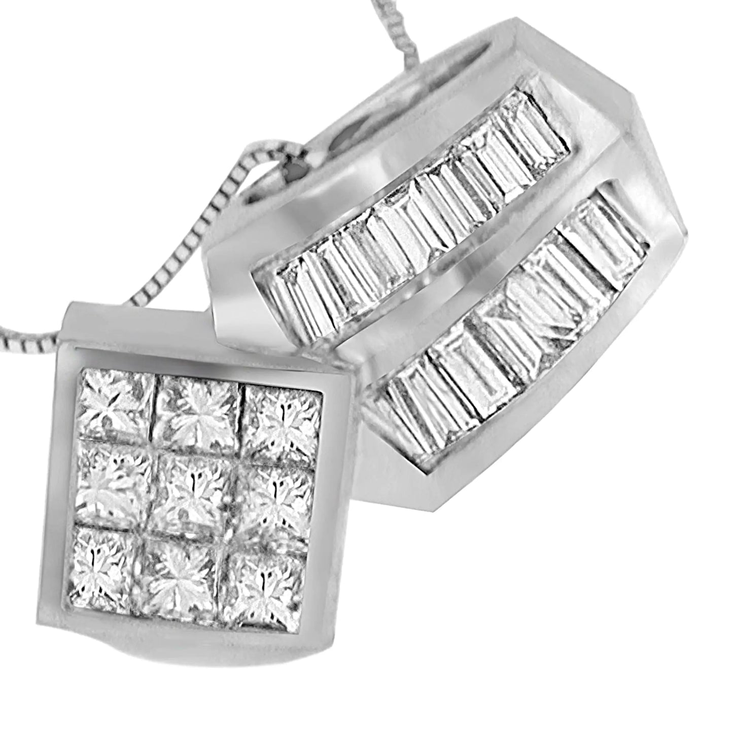 14K White Gold 1 1/2 cttw Princess and Baguette Cut Diamond Multi-shape Pendant Necklace (G-H, VS1-VS2)