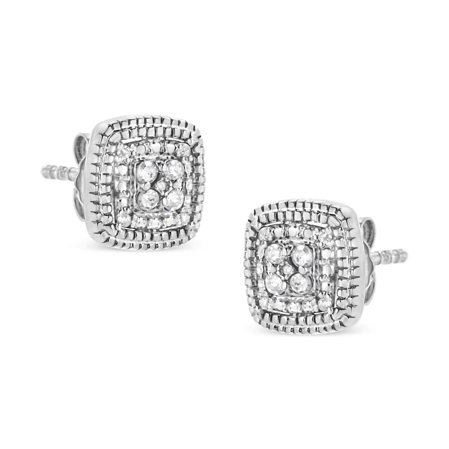 .925 Sterling Silver 1/10 Cttw Prong-Set Round Cut Diamond Square Shape with Milgrain Halo Stud Earrings (I-J Color, I2-I3 Clarity)