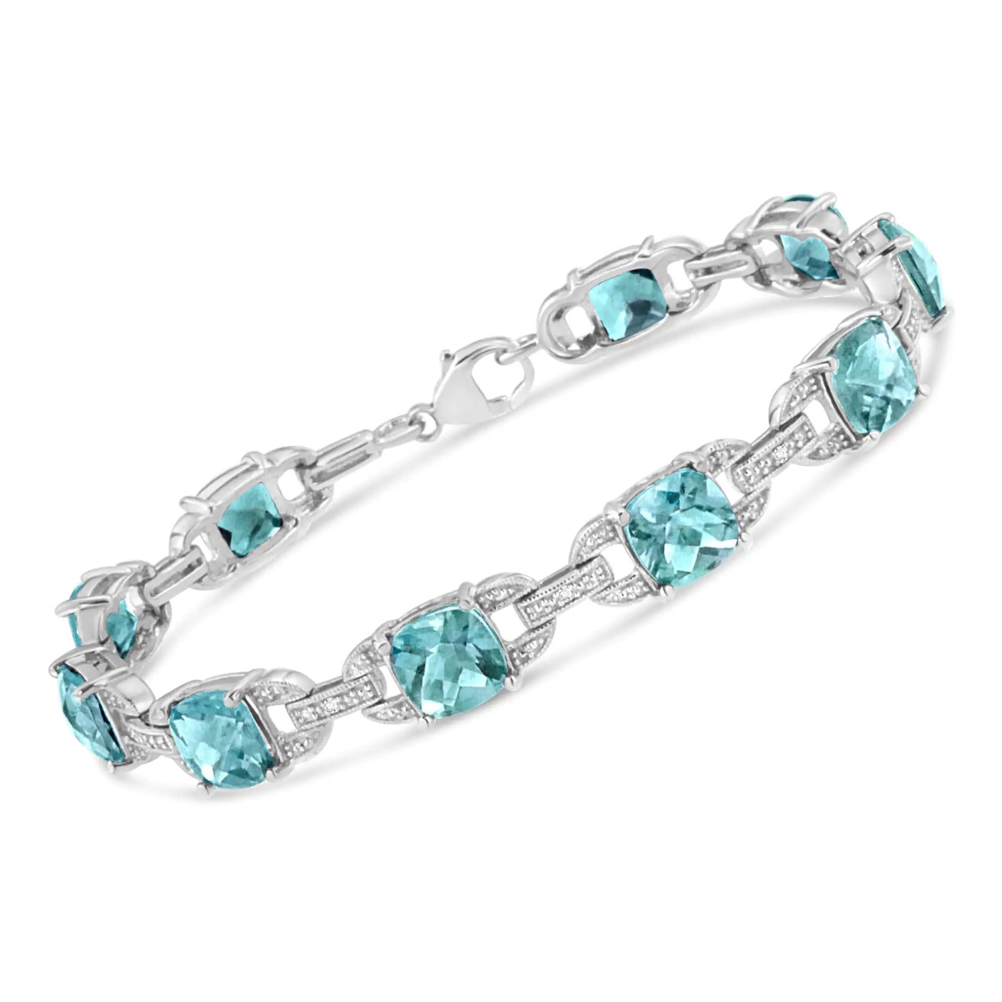 .925 Sterling Silver 7x7 mm Cushion Cut Blue Topaz and 1/20 cttw Round Cut Diamond Fashion Tennis Bracelet (I-J Color, I1-I2 Clarity) - 7"