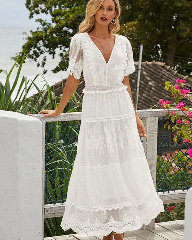 Hollow Out White Dress Sexy Women Lace Long Dress