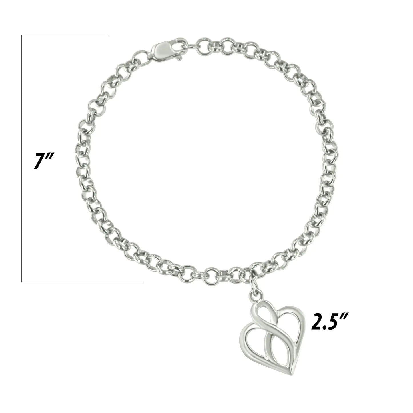 .925 Sterling Silver Open Heart with Center Vertical Infinity Chain Charm Bracelet - Size 7"