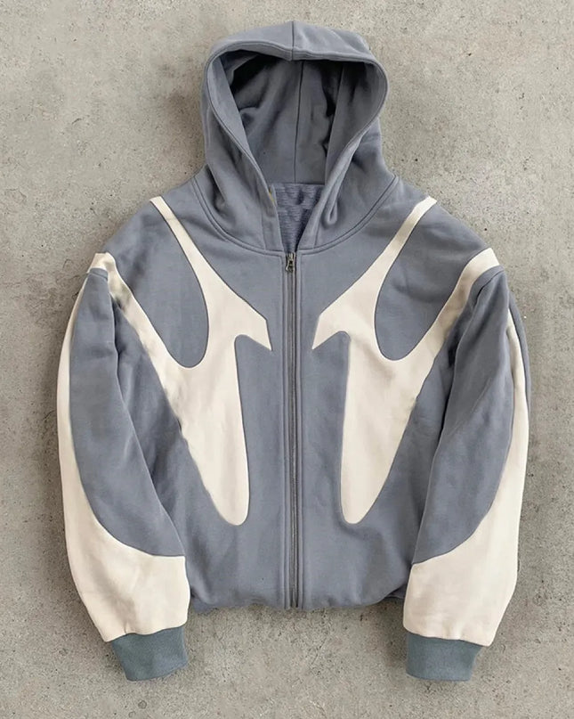 Pattern Stitching Hooded Zipper Sweater