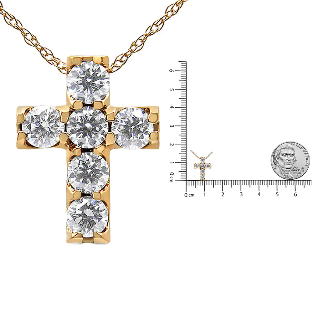 14K Yellow Gold 1/2 Cttw Round Brilliant Cut Diamond Mini Cross 18" Pendant Necklace (J-K Color, VS2-SI1 Clarity)