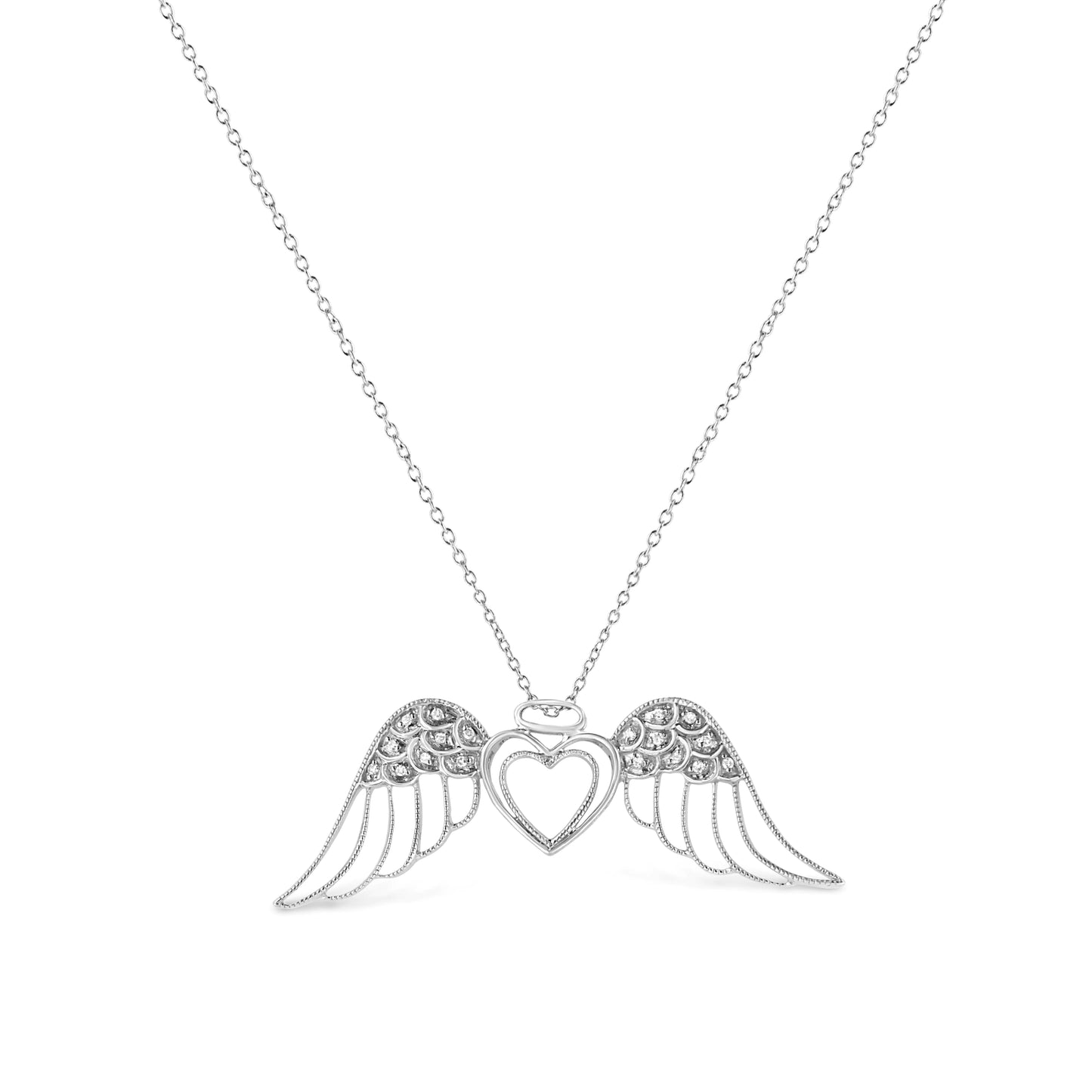 .925 Sterling Silver Pave-Set Diamond Accent Angel Wing 18" Double Heart Pendant Necklace (I-J Color, I1-I2 Clarity)