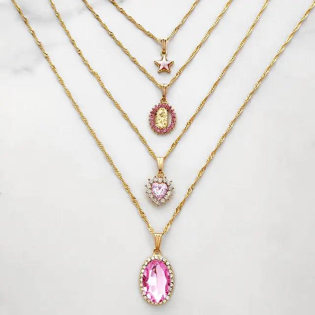 Multi-layer Pink Heart Crystal Pendant Necklaces