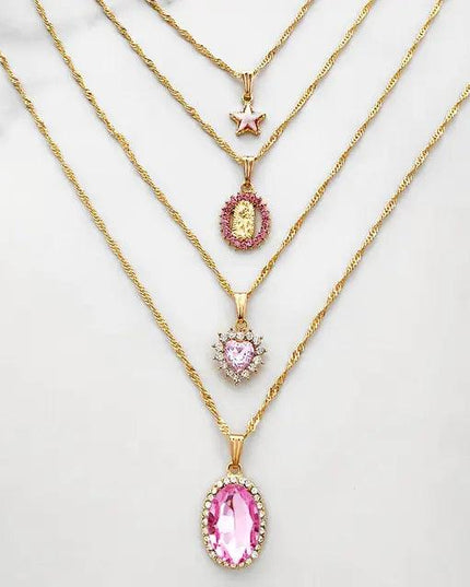 Multi-layer Pink Heart Crystal Pendant Necklaces