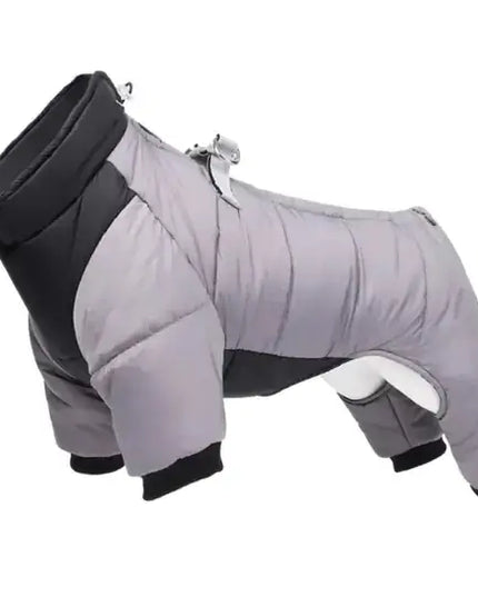 Waterproof dog jumpsuit coat - stylish grey winter jacket for small and medium dogs.