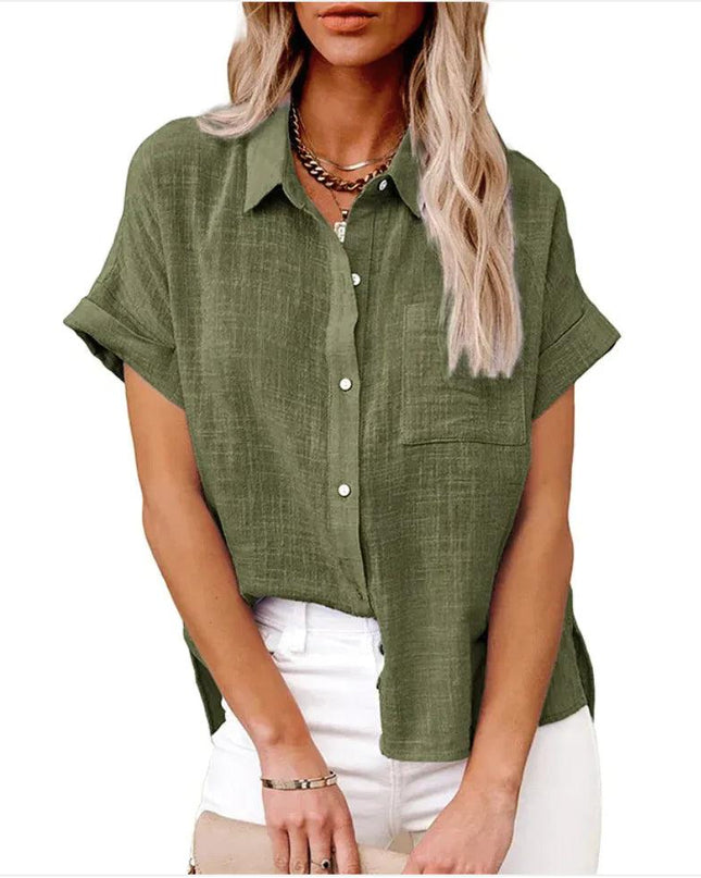 Women's Casual Cotton Linen Short-Sleeve Shirt with Pockets