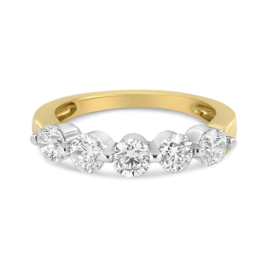 14K White and Yellow Gold 1 1/2 Cttw 2 Prong Cup Set Round-Cut Diamond 5 Stone Ring Band (H-I Color, SI2-I1 Clarity)