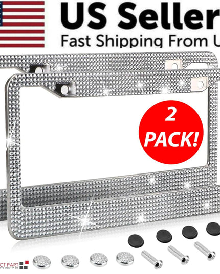 2PCS Bling License Plate Frame Glitter Crystal Sparkling Rhinestone Diamond Caps