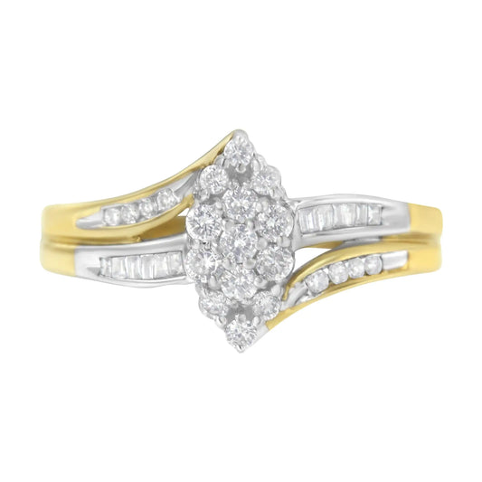 10K Yellow and White Gold 1/2 Cttw Diamond Marquise Shaped Cluster Split Shank Ring (H-I Color, SI2-I1 Clarity)