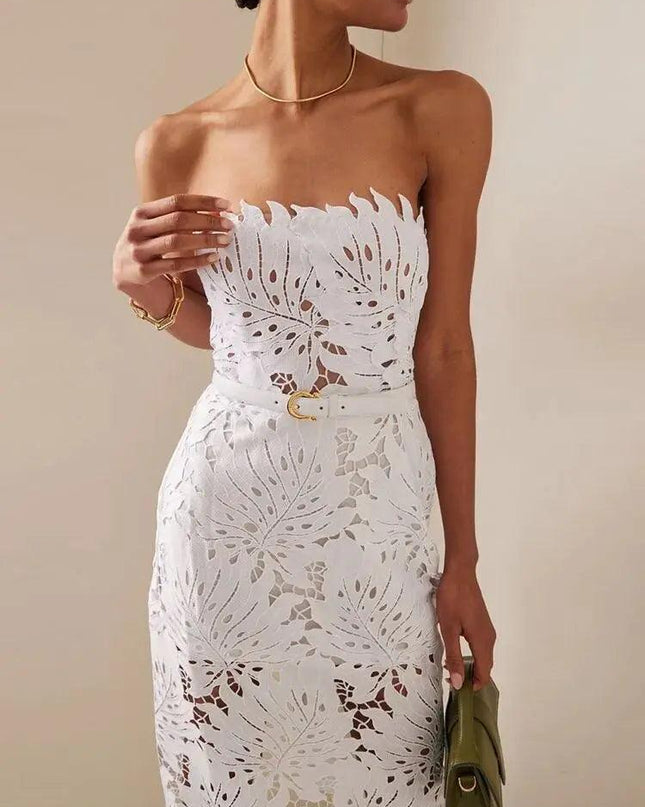 White Midi Dress Flower Cut-Out Elegant Celebrity Party Dress