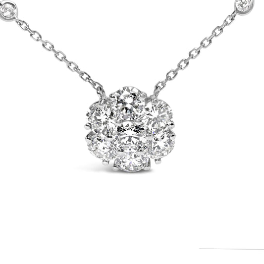 14K White Gold 3.0 Cttw Lab Grown Diamond Floral Cluster and Station 18" Pendant Necklace (G-H Color, VS2-SI1 Clarity)