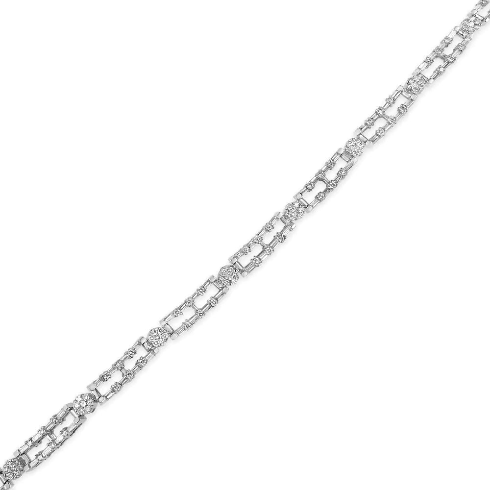 AGS Certified 14K White Gold 8 1/2 Cttw Diamond Alternating Bar and Floral Cluster Link 18" Choker Necklace (G-H Color, SI2-I1 Clarity)