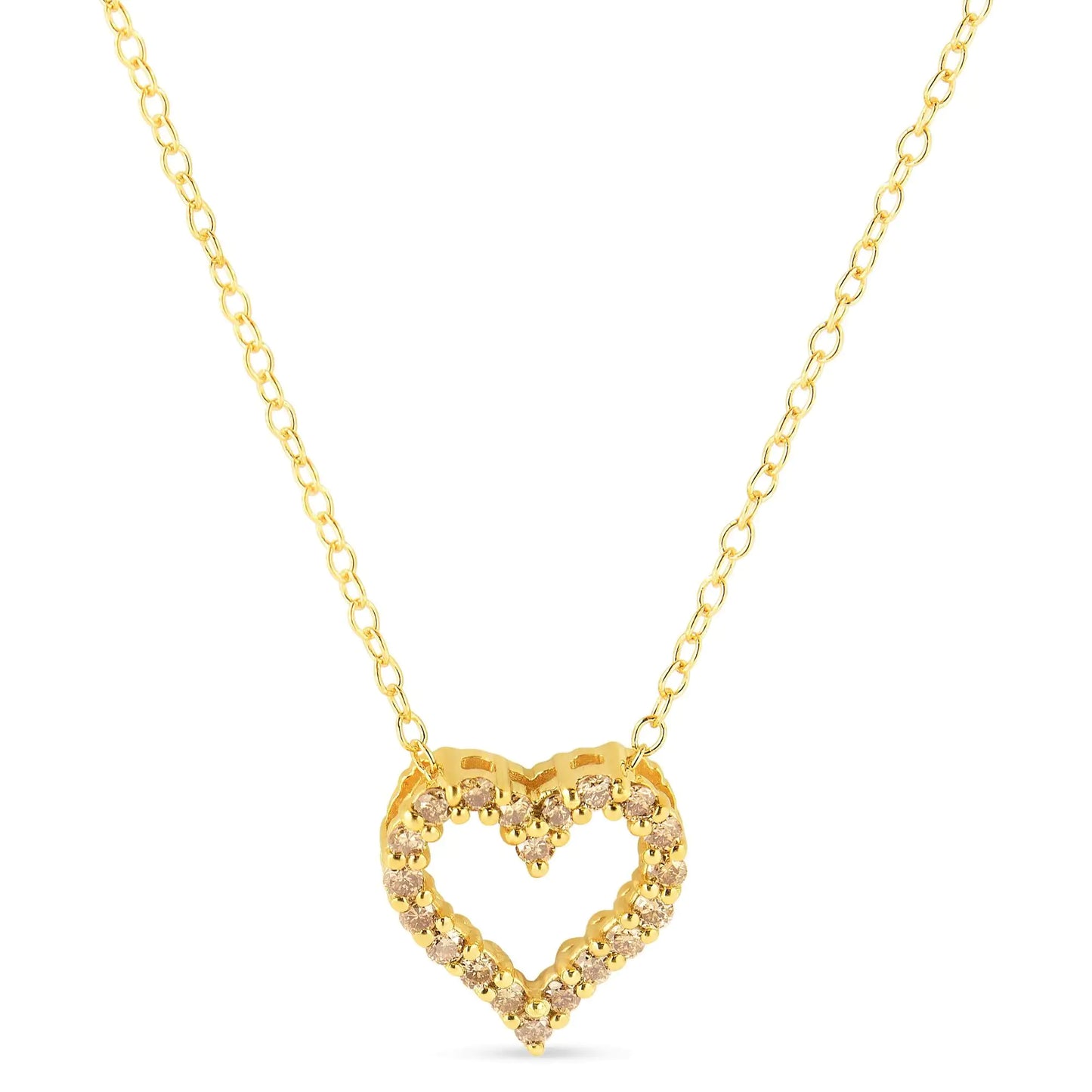 10K Yellow Gold Plated .925 Sterling Silver 1/4 Cttw Champagne Diamond Heart 18" Pendant Necklace (Champagne Color, I1-I2 Clarity)