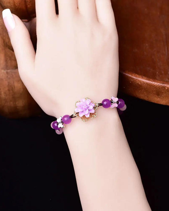 Purple Jade and Amethyst Lotus Healing Bracelet