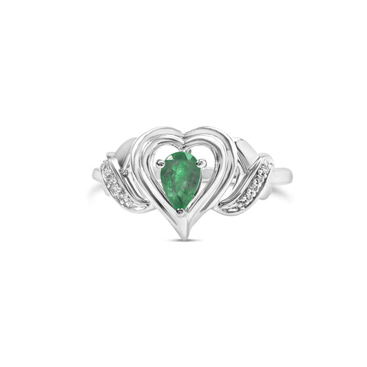 .925 Sterling Silver 6x4mm Pear Emerald Gemstone with Diamond Accent Heart Promise Ring (H-I Color, SI1-SI2 Clarity)