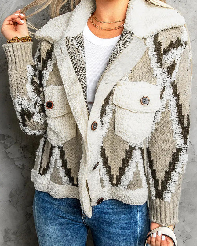 Multicolored Spliced Sherpa Collared Neck Cardigan