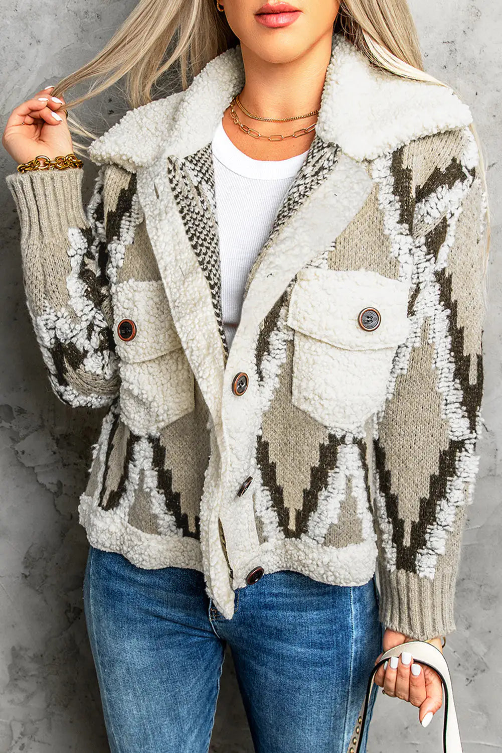 Multicolored Spliced Sherpa Collared Neck Cardigan