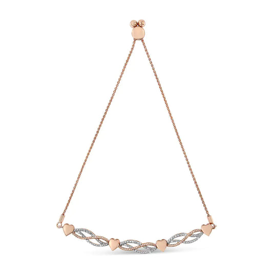 14K Rose Gold Plated .925 Sterling Silver Cttw Diamond Accent Layered Infinity Link and Heart Adjustable 4”-10” Adjustable Bolo Bracelet (I-J Color, I3 Clarity)