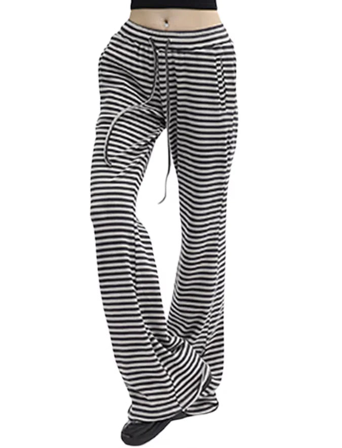 Women's Y2K Striped Knit Drawstring Pants - Low Rise, Wide Leg Lounge Trousers