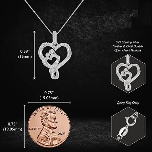 .925 Sterling Silver 1/10 Cttw Diamond Mother & Child Double Open Heart 18" Pendant Necklace (H-I Color, I2-I3 Clarity)