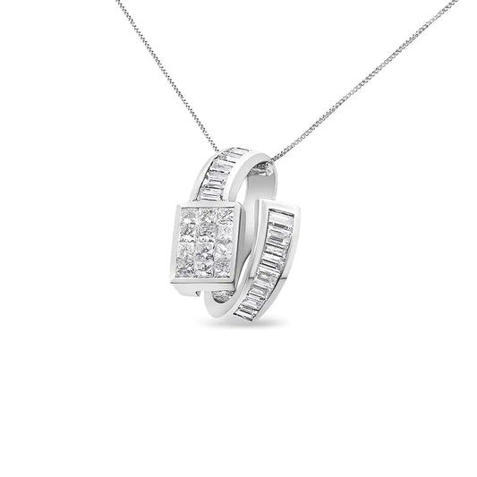 14K White Gold 2 cttw Princess and Baguette Cut Diamond Double Loop Pendant Necklace (G-H, VS1-VS2)