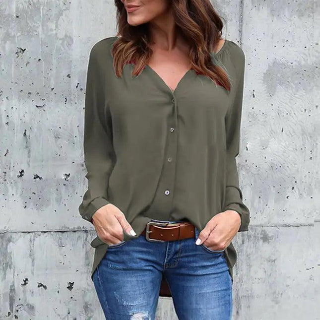Women's V-Neck Buttoned Chiffon Blouse