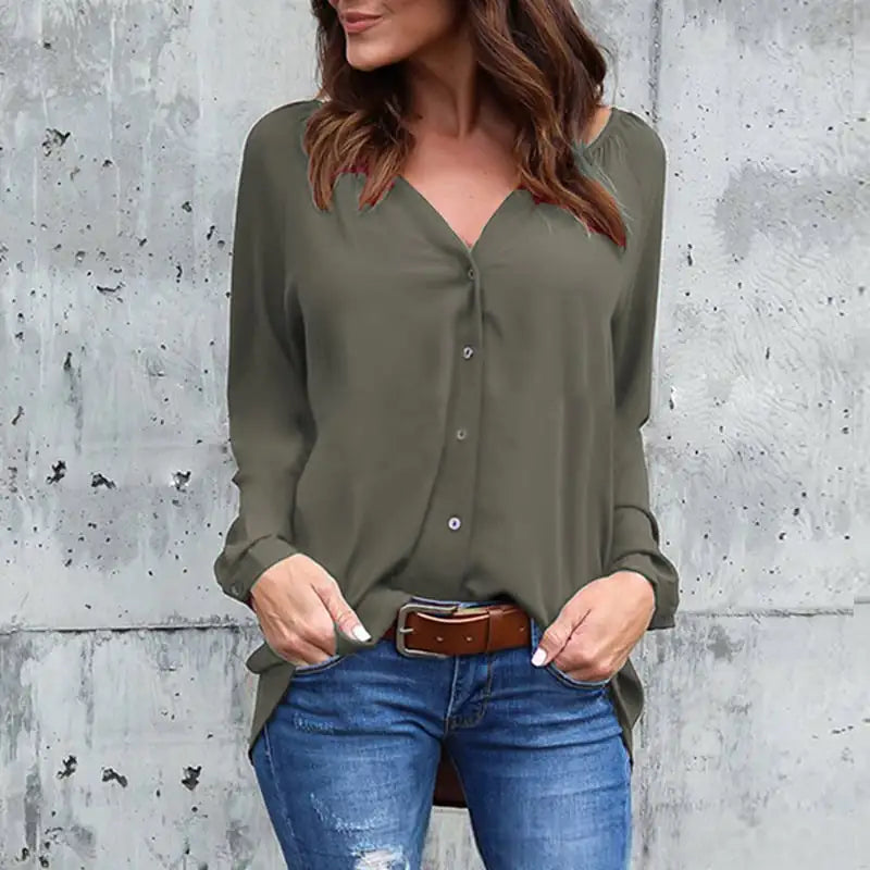 Women's V-Neck Buttoned Chiffon Blouse