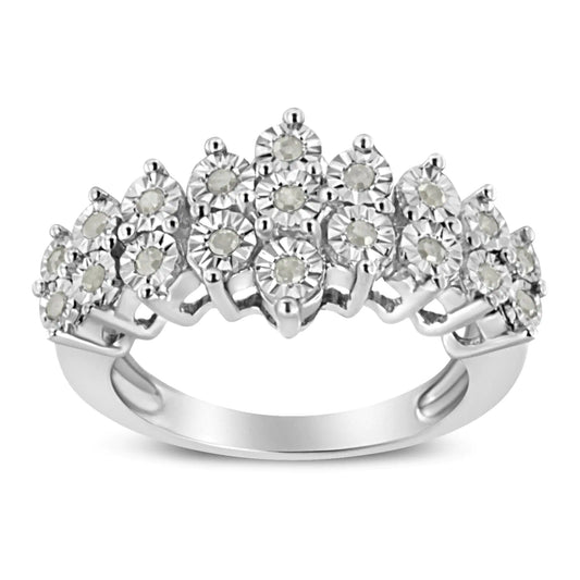 .925 Sterling Silver 1/4 Cttw Miracle Plate Set Round-Cut Diamond Two Row Band Ring (I-J Color, I2-I3 Clarity)