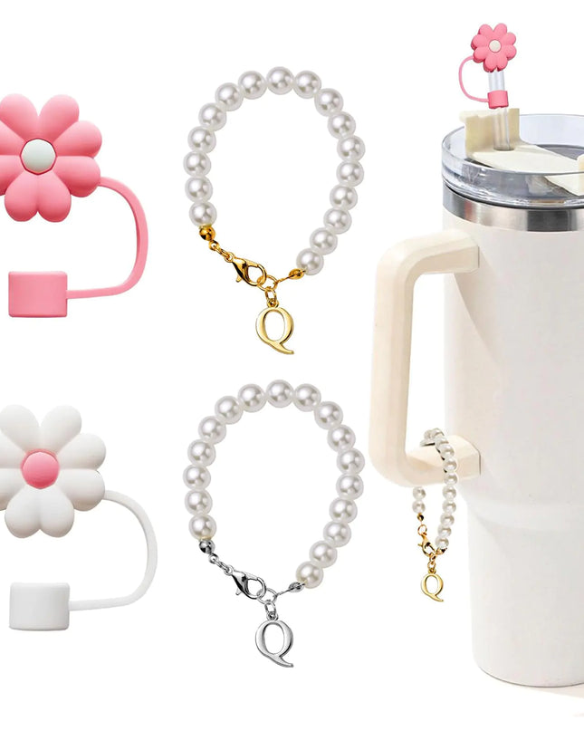LUHOHI Charms for Stanley Cup，2pcs Pearl Chain for Stanley Cup Accessories Initial Letter Charms Handle with 2pcs Straw covers Stuff Decor Water Bottle Jewelry Tumbler Personalized Decorations Tag F