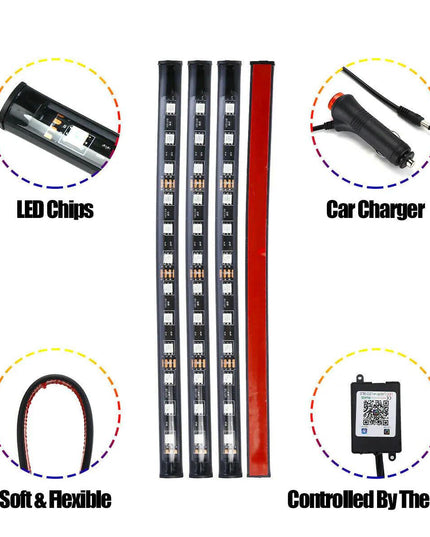 4X 48LED RGB Car Interior Atmosphere Light Strip Bar Bluetooth APP Music Control