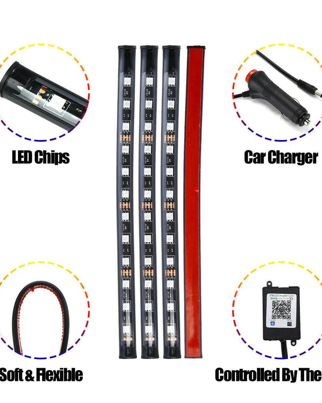 4X 48LED RGB Car Interior Atmosphere Light Strip Bar Bluetooth APP Music Control