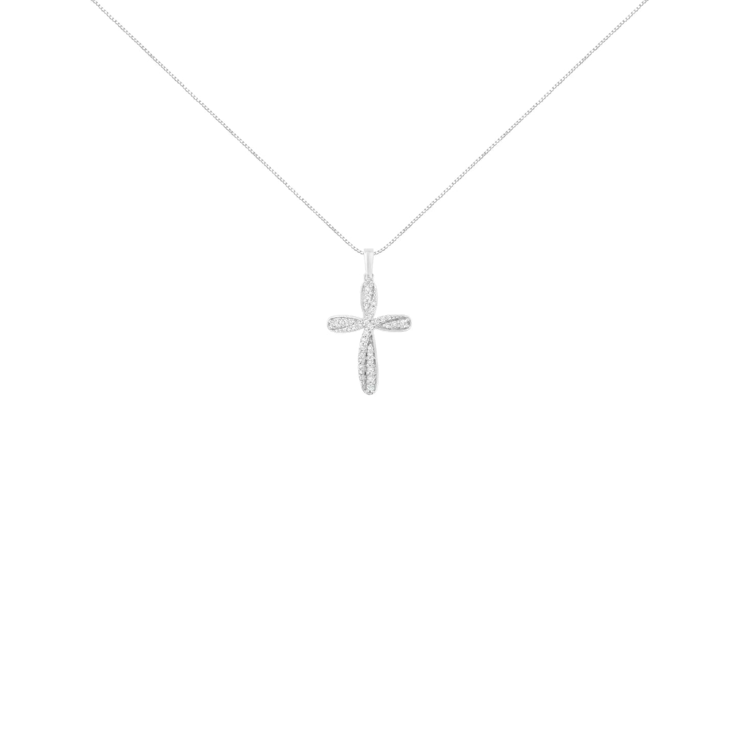 .925 Sterling Silver 1/4 Cttw Diamond Curved Cross 18" Pendant Necklace (I-J Color, I2-I3 Clarity)