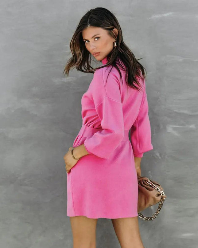 Elegant Turtleneck Sweater Dress with Belt