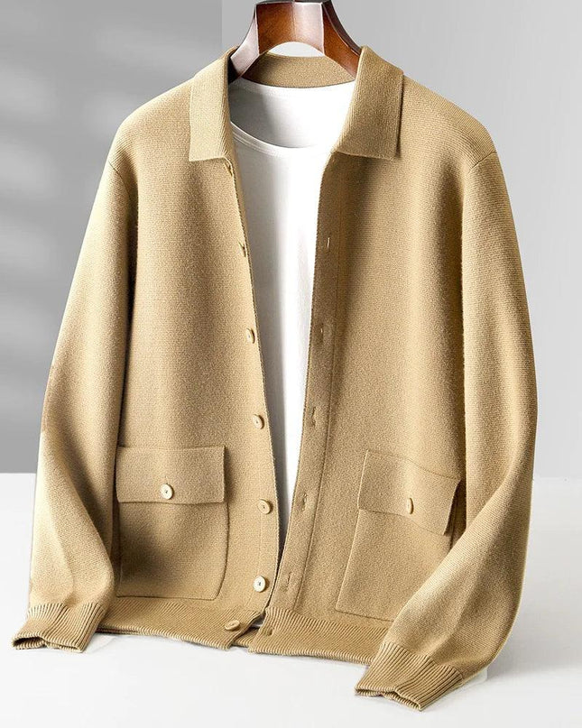 Men's Polo Collar Solid Color Wool Cardigan