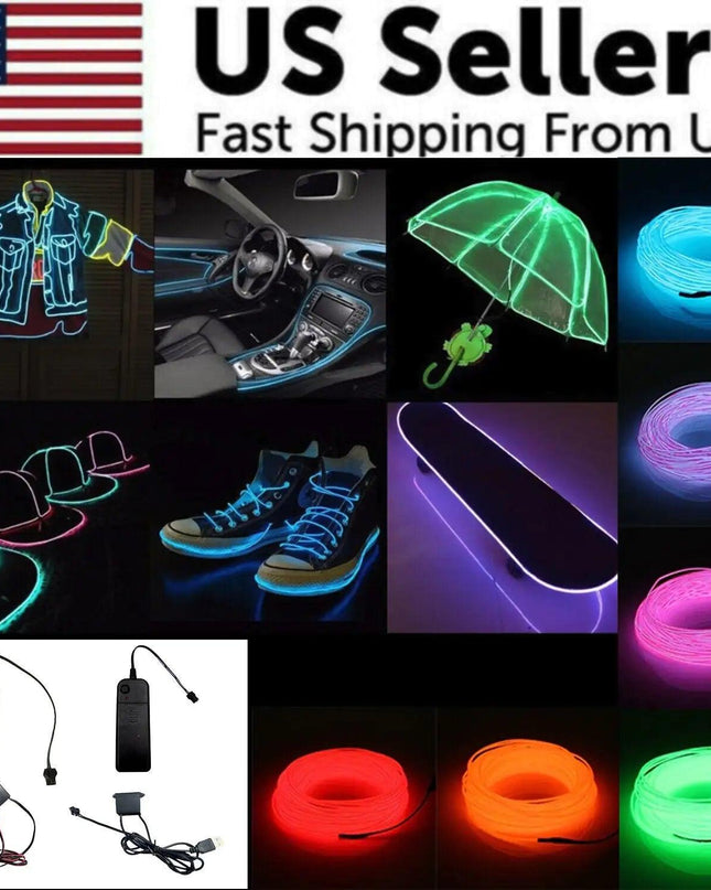 Neon LED Light Glow EL Wire String Strip Rope Tube Decor Car Party + Controller