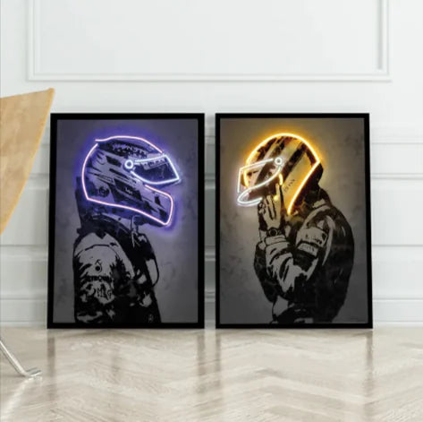 Retro Helmet Neon Canvas Art – Vintage Wall Decor