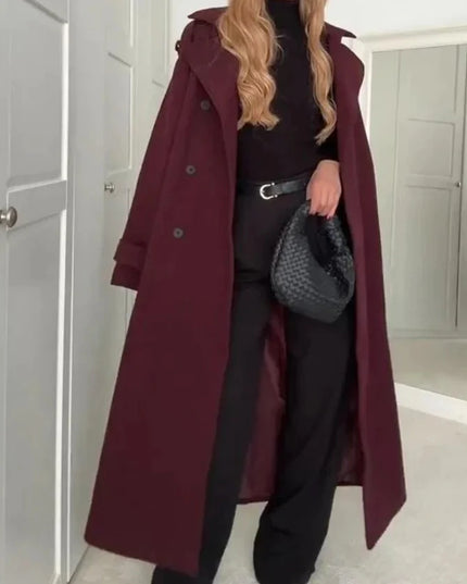 Elegant Bordeaux Lapel Mix Maxi Overcoat