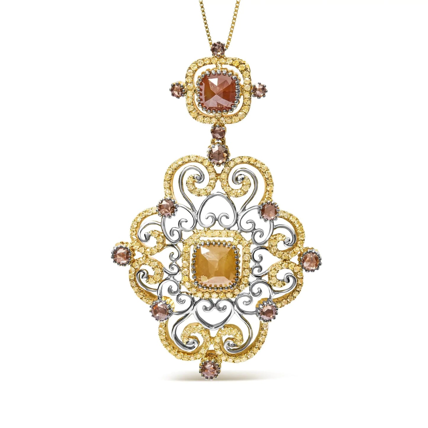 14K White and Yellow Gold 4.0 Cttw Fancy Color Rose Cut Diamond Antique Style 18" Pendant Necklace (Yellow Color, I1-I2 Clarity)