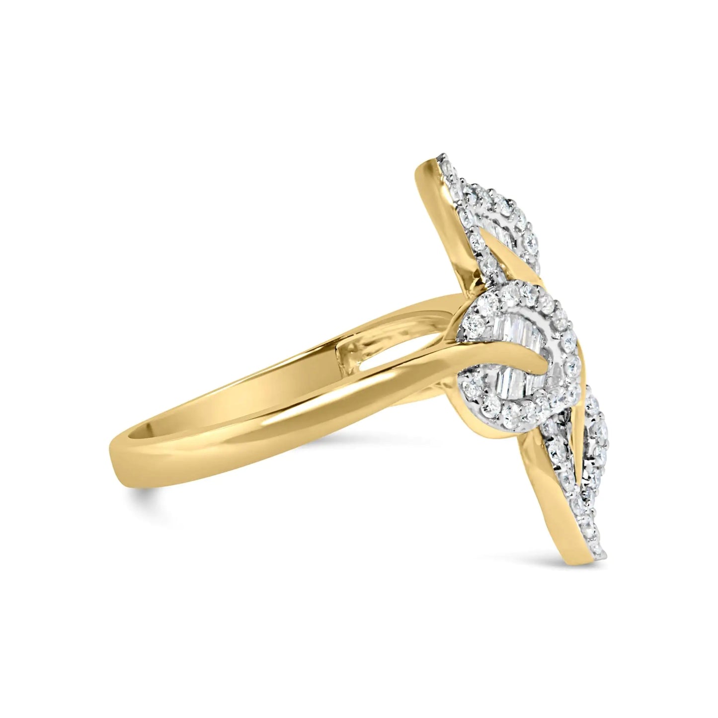 18K Yellow Gold Plated .925 Sterling Silver 1/2 Cttw Baguette and Round Diamond Bypass Triple Leaf Ring (I-J Color, I1-I2 Clarity)