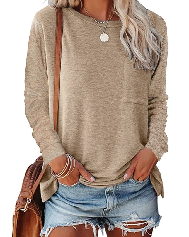 Pocket Split Long-sleeved Casual T-shirt