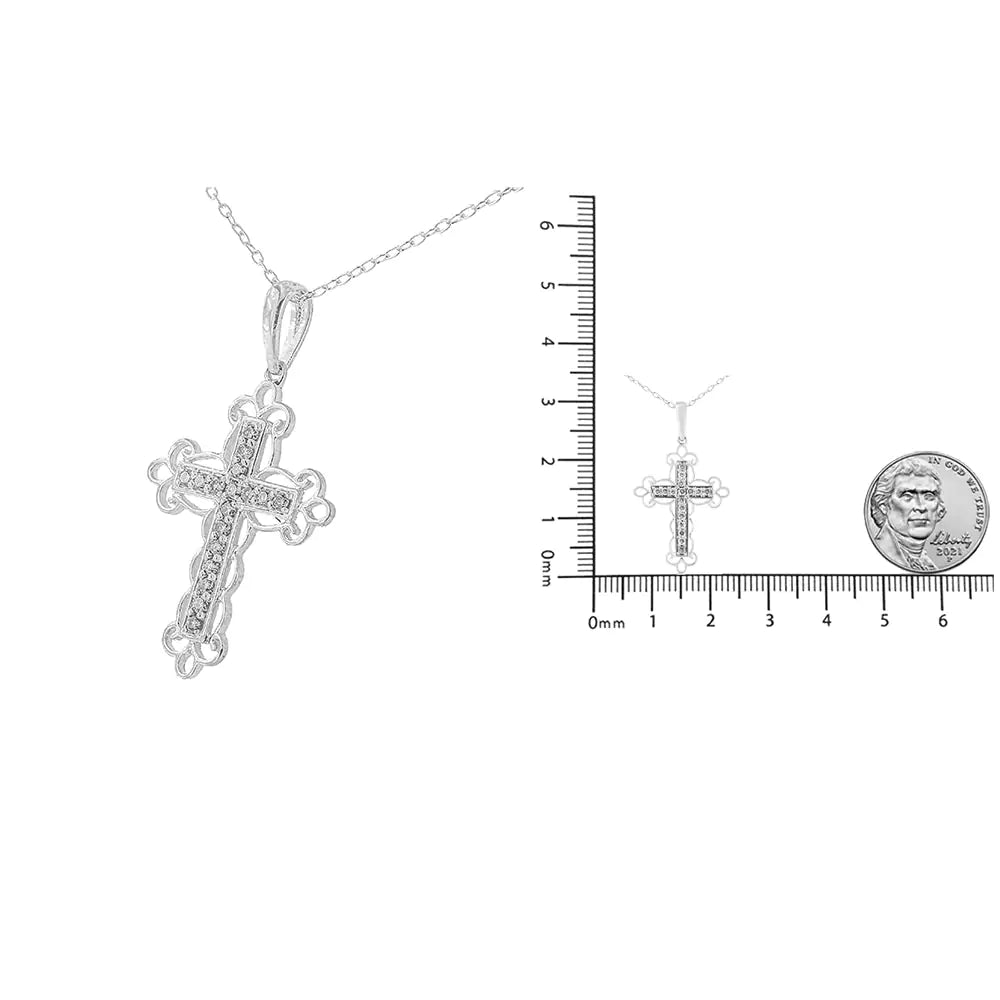 .925 Sterling Silver 1/4 Cttw Round Cut Diamond Art Deco Style Cross 18" Pendant Necklace (J-K Color, I2-I3 Clarity)