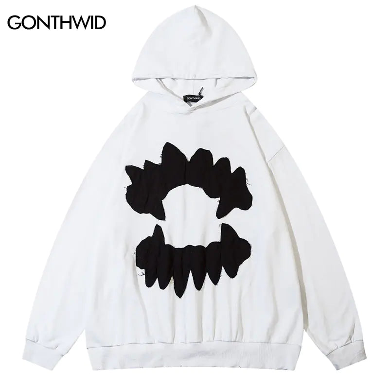 Ripped Embroidery Teeth Patch Hooded Streetwear