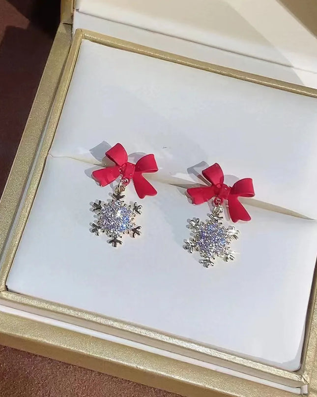 Silver Needle Zircon Snowflake Bow Earrings