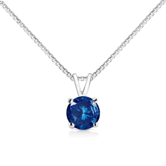 10K White Gold Round Brilliant Cut Lab Grown Blue Diamond 4-Prong Solitaire Pendant Necklace (Blue Color, VS2-SI1 Clarity) - 18"