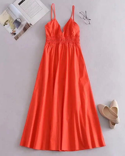 Green Cotton V Neck Summer Women's Dress